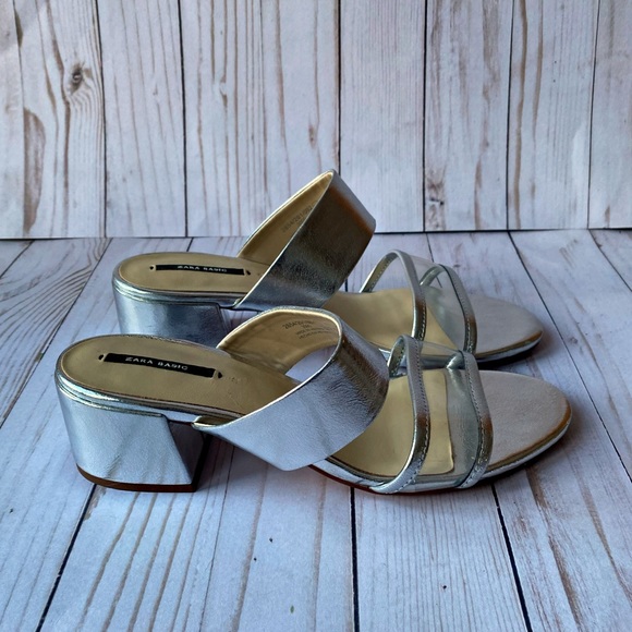 Authentic Zara Silver Slides/Mules - Picture 1 of 7